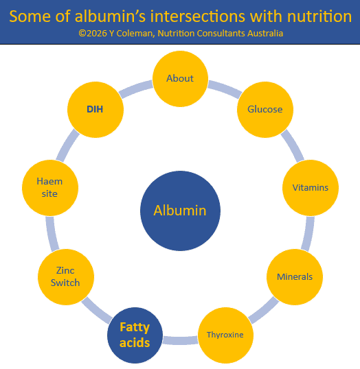 Some of Albumin's intersection points with nutrition in MedNut Mail post Albumin and fatty acids Albumin interacts with fatty acids in MedNut Mail post Albumin and fatty acids